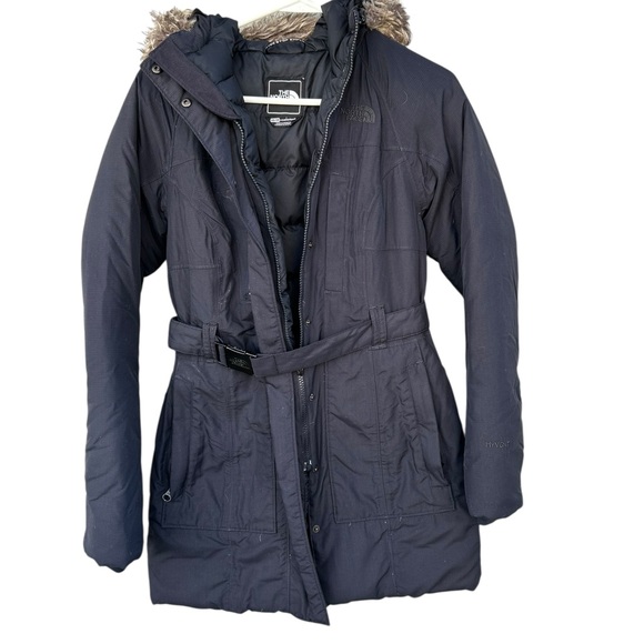 The North Face Goose Down Belted Fur Hood Parka - Size XS Women’s - Navy Blue - Picture 4 of 10